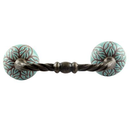 Turquoise Amarylis Floral Etched Ceramic Cut Bridge Handle